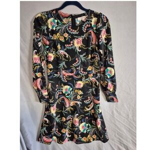 LOFT Floral Paisley Long Sleeve Mini Dress Black Size 2P Petite Career